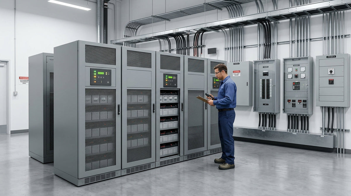 Industrial UPS battery racks and electrical power distribution equipment inside a modern healthcare facility power room.