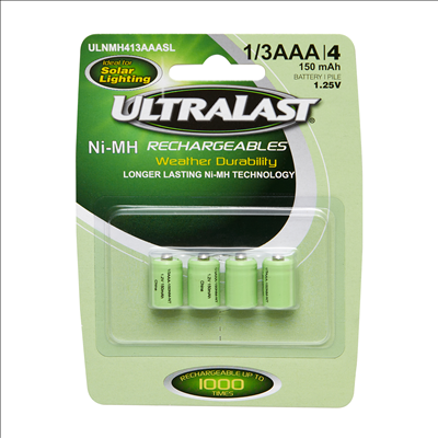 ULNMH413AAASL UltraLast Nickel Metal Hydride 1/3 AAA Solar Powered Lighting Rechargeable Battery - 4 Pack