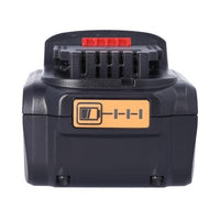 Back view of 20V 5.0Ah lithium‑ion battery replacement for DEWALT 20V MAX DCB205 with specifications and safety details