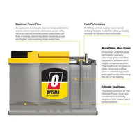 Optima Yellow Top AGM 800CCA Group 48 battery available at Vizopower for reliable car and truck starts. specifications 
