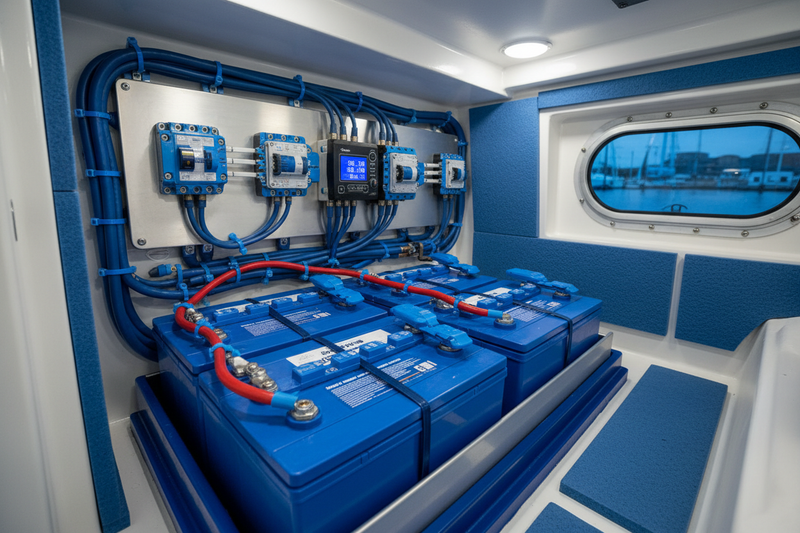 Boat electrical systems, RV battery compartments, marine environments with power systems
it would be an image for a section for the marine rv page on a batteries store