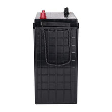 Top view detail of a Duracell Ultra 6V 335Ah battery showing the positive (red) and negative (black) terminal configurations.