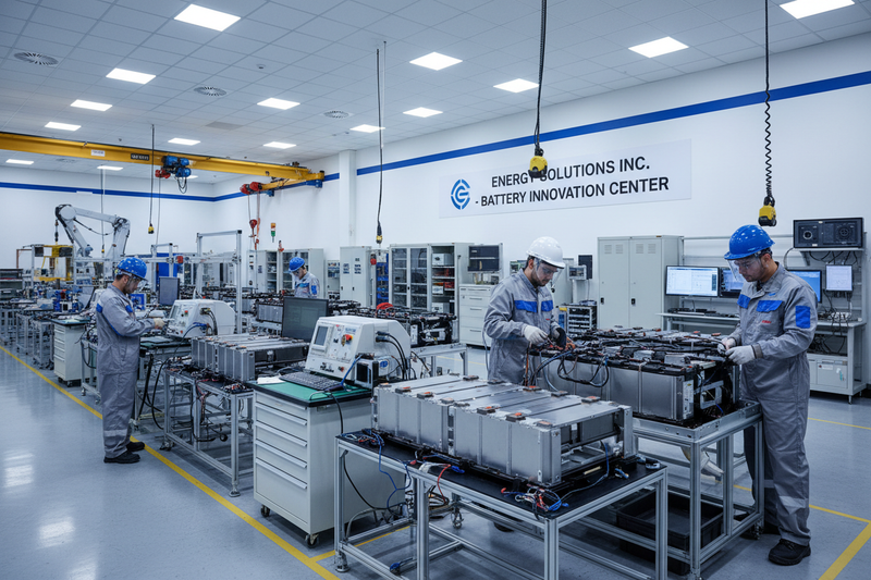 Engineering/assembly environments, battery packs in equipment, technicians working on systems

it is for a section that has text on left it is for a battery store