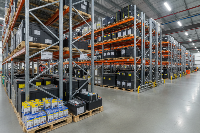Industrial batteries on shelves, mixed battery types (AA, lithium, lead‑acid), warehouse visuals