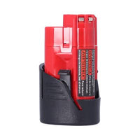 Angled view of Nuon 12V 1.5Ah lithium‑ion battery replacement for Milwaukee 48‑11‑2401 showing release button and casing
