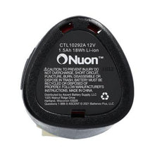 view of Nuon 12V 1.5Ah lithium‑ion battery replacement for Milwaukee 48‑11‑2401 with specifications and safety details