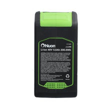 Angled view of Nuon 40V 5.0Ah lithium‑ion battery replacement for Greenworks LB40A010 showing release button and casing