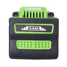 Nuon 40V 5.0Ah lithium‑ion battery replacement for Greenworks LB40A010 installed in compatible lawn and garden tool for demonstration