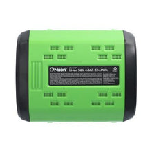 Back view of Nuon 56V 4.0Ah lithium‑ion battery replacement for EGO BA2242T with specifications and safety details