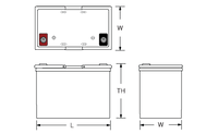 Technical drawing of power-sonic-12v-75ah-agm-rechargeable-standby-battery-vizopower.