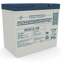 Power‑Sonic DCG12‑50 12V 50Ah sealed deep cycle gel battery with grey casing, blue top, and front label
