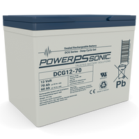 Power‑Sonic DCG12‑70 12V 70Ah sealed deep cycle gel battery with grey casing, blue top, and front label