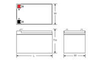 Technical drawing of Power‑Sonic PDC‑12140 12V 14Ah deep cycle AGM rechargeable battery 