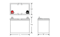 Technical drawing of Power‑Sonic  PDC‑12350 12V 35Ah deep cycle AGM mobility battery 