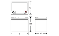 Technical drawing of Power‑Sonic  Power‑Sonic PDC‑12480 12V 48Ah deep cycle AGM rechargeable battery showing label and terminals