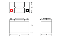 Technical drawing of Power‑Sonic PDC‑12600 12V 60Ah deep cycle AGM rechargeable battery with durable casing and reliable performance