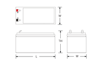 Technical drawing of Power Sonic PG‑12V12 12V 12Ah long life AGM rechargeable battery available at Vizopower.