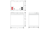 Technical drawing of  Power Sonic PG‑12V28H 12V 28Ah long life AGM rechargeable battery available at Vizopower.