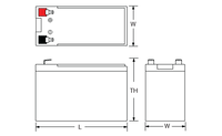 Technical drawing of PG‑12V9 12V 9Ah long life AGM sealed battery available at Vizopower.