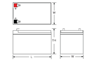 Technical drawing of Power‑Sonic PSL‑SC‑12120 12V 12Ah series‑capable high‑performance lithium battery