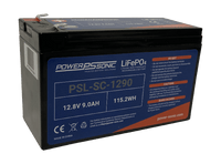 Power‑Sonic PSL‑SC‑1290 12V 9Ah series‑capable lithium iron phosphate (LiFePO4) battery with compact casing for solar, marine, and RV applications