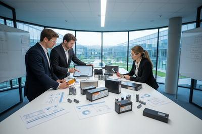 Technical documents/datasheets, engineers reviewing specs, clean professional support visuals, batteries

