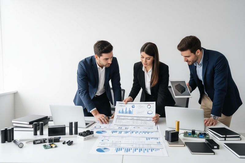 Technical documents/datasheets, engineers reviewing specs, clean professional support visuals, batteries