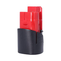 Back view of Nuon 12V 1.5Ah lithium‑ion battery replacement for Milwaukee 48‑11‑2401 with specifications and safety details