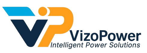 Vizopower logo with blue and orange design and tagline Intelligent Power Solutions.