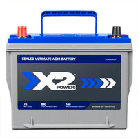 the front look for the X2Power Premium AGM 840CCA Group 24 battery available at Vizopower for cars and trucks.