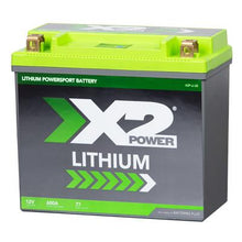 Front view of X2Power X2P20 lithium iron phosphate powersport battery showing label and casing
