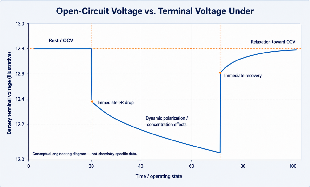 Conceptual graph comparing open-circuit voltage with terminal voltage during discharge load and voltage recovery after load removal